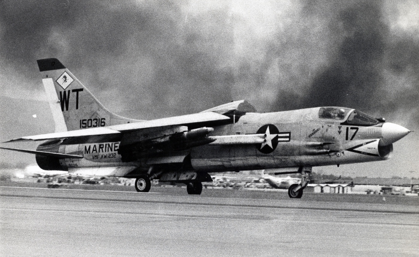 Shown is a historical photo of the F-8 Crusader operated by the U.S. Marine Corps. The plane was originally known as the F8U when it was first introduced. The F8U became the F-8 when the United States Navy changed its naming conventions. F-8s were the navy's first supersonic fighters.