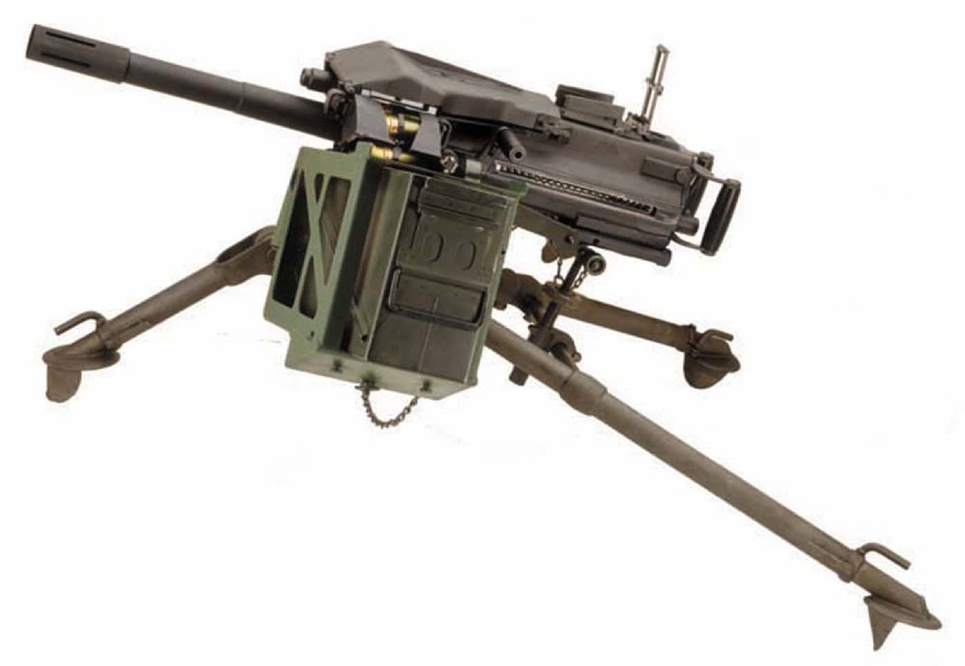 Shown is the Mk19 on a white background. The weapon system delivers high-volume fire into an engagement and allows for indirect fires from hidden positions. A Marine Expeditionary Force may not have heavy artillery available, so this provides a great deal of flexibility. Marines can use it to fire on suspected enemy positions in a quicker, more accurate way than traditional mortars can.