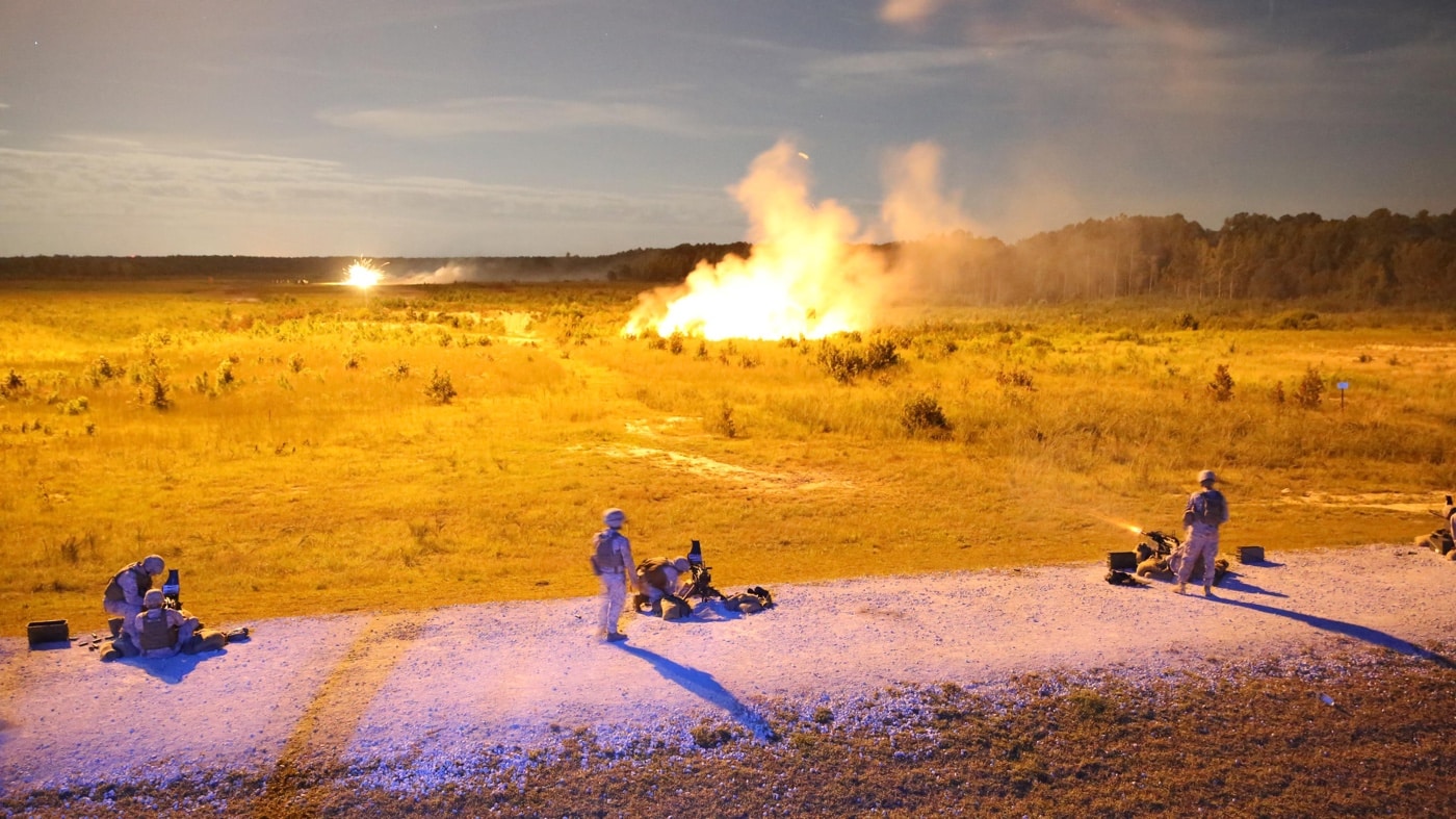 In this photo you can see multiple grenade explosions as U.S. Marines train with the automatic grenade launchers at Camp Lejune, North Carolina. Infantry Marines need regular training to stay sharp. These troops are part of the 8th Engineer Support Battalion. 