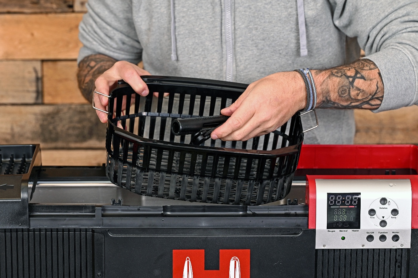 As a real time saver, you can add all of your pistol and AR parts into the basket to be cleaned as shown in this photo. While it is not specifically designed for reloading uses, you can also use the basket as a brass cleaner as the Hornady liquid cleaner works perfectly well with spent cartridge cases. A smaller sonic cleaner might be preferable if you never clean an AR upper. 