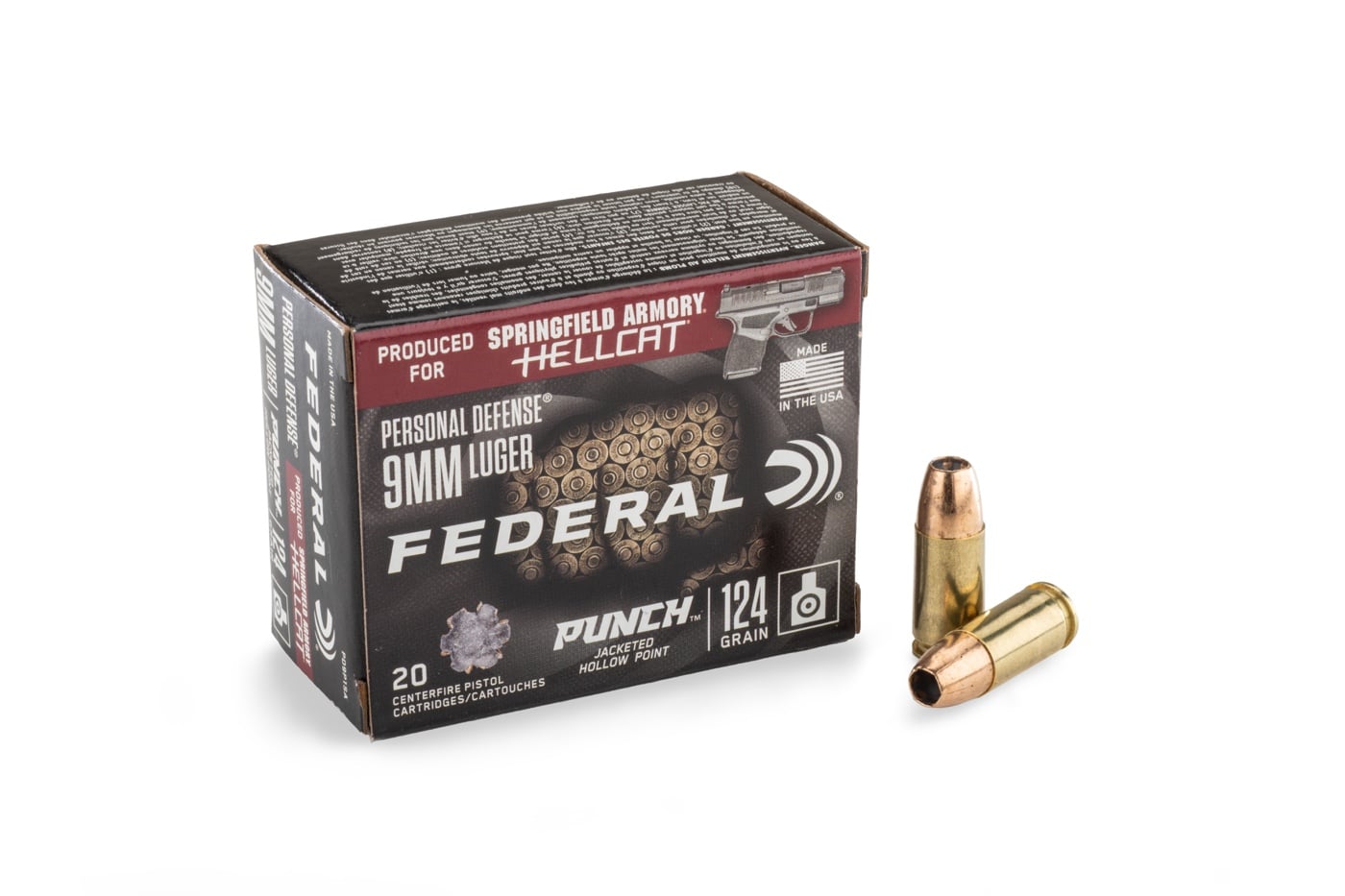 In this photo you see a commercial box of the Federal Punch defensive ammunition. It is the 124-grain JHP load developed for the Springfield Hellcat handgun. It is designed for self defense and personal protection.