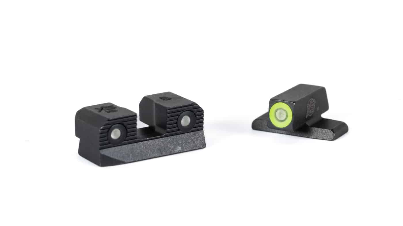 This is the two piece XS Sights night sight set. The iron sights use a photoluminescent glow dot in the front sight with tritium vials in both the front and rear sight. These were reviewed on a Springfield firearm but they are also made for Glock and other handguns. 