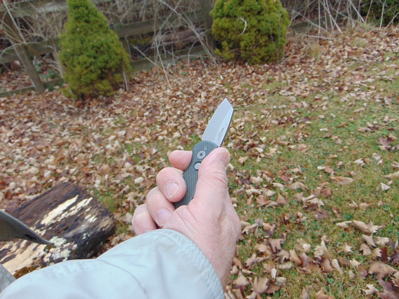 In this photo, the author is showing how to handle the Runt 5 knife. Note his thumb on the spine of the blade where one would expect jimping. This allows you to put force behind the cutting motion. Combines with the Wharnecliffe design, this provides exceptional cutting power at the tip.