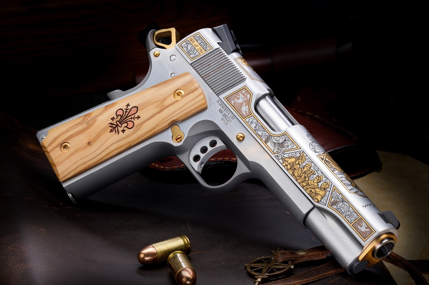 Shown is the Andrea del Sarto model of Springfield Garrison that has been heavily customized by SK Guns. These pistols are extremely detailed handguns that offer a high degree of interest for collectors of high end handguns.