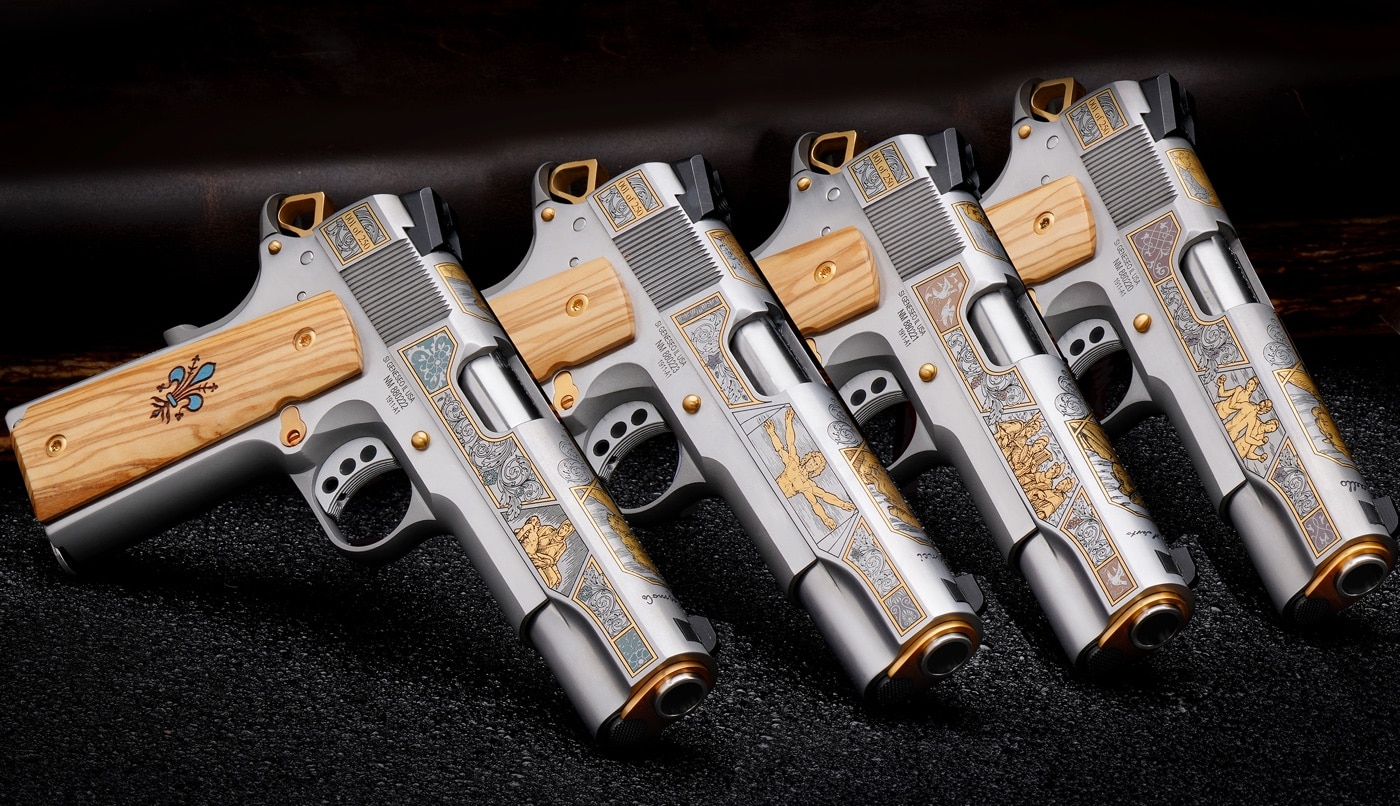 Shown are the new Springfield Armory Garrison pistols that have been customized by SK Guns. These handguns are based on great Renaissance masters.