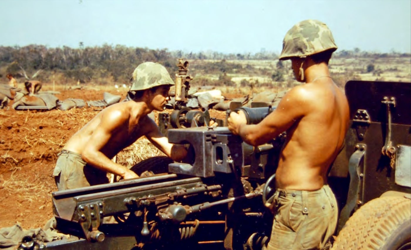 Shown are Kiwi soldiers of the 161st Battery, Royal New Zealand Artillery firing a cannon artillery in support of the military forced of South Vietnam. New Zealand fully supported their allies in Vietnam including the American and Australian troops. Their personnel were stationed in Vietnam until the war ended.