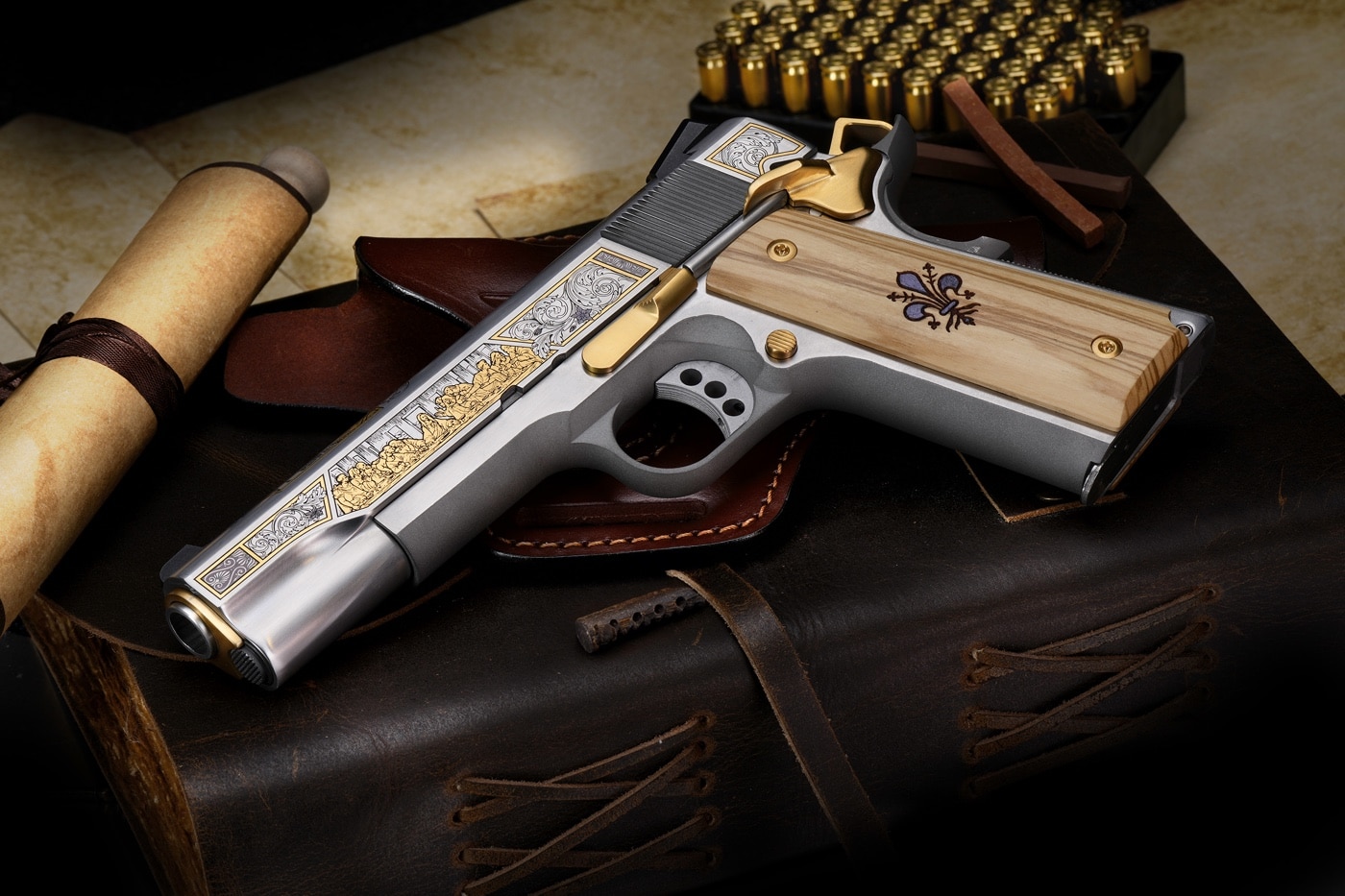 This image shows the SK Guns custom Springfield Armory 1911 with the Leonardo da Vinci finish. It is highly detailed and customized for the shooter.