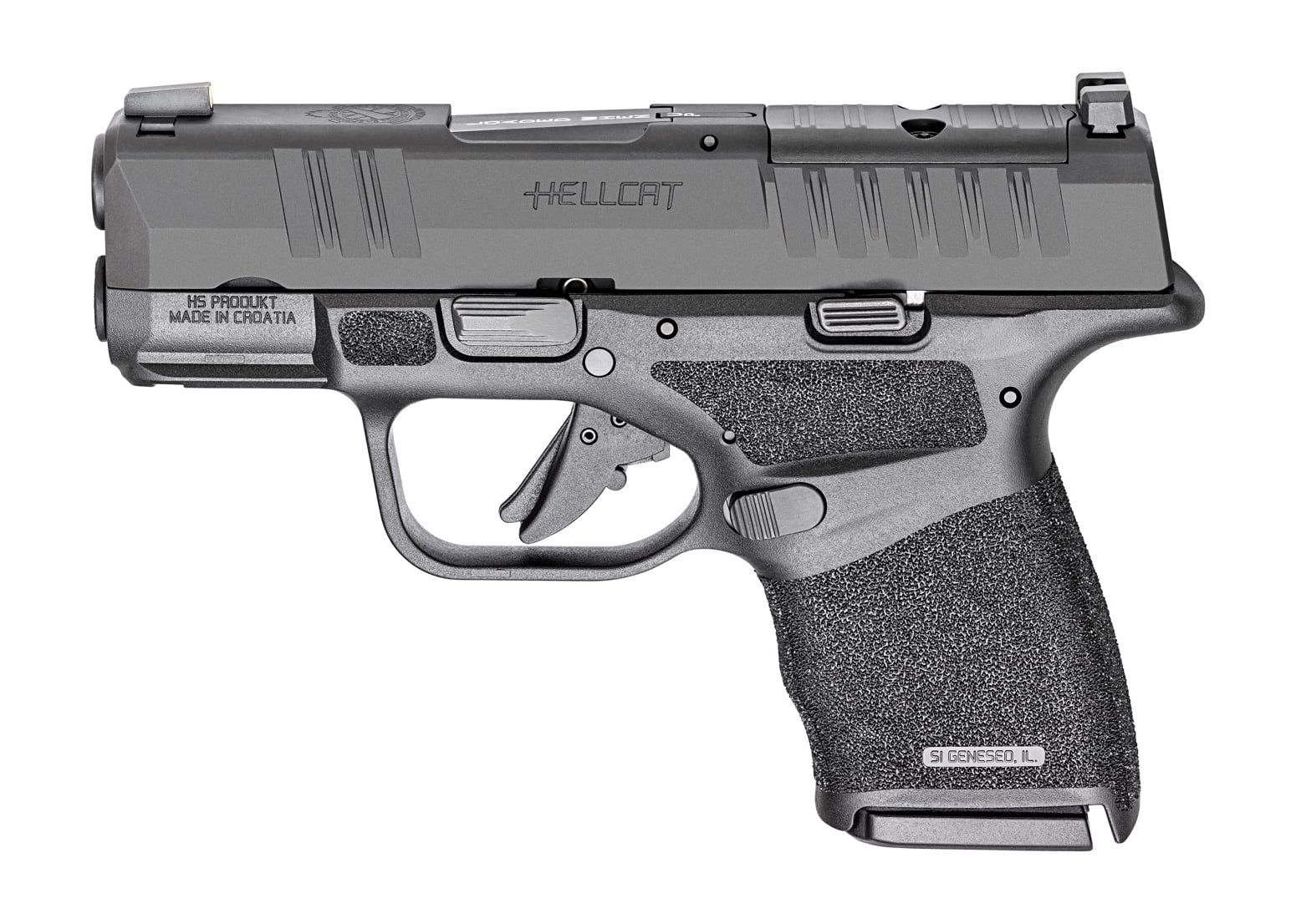 In this photo we see a left side profile of the Springfield Armory Hellcat 9mm pistol with the CA DOJ handgun requirements. Of all the handguns for sale in California, this one is one of the best. It has an optics cut for a red dot making it more likely you will hit only the intended target. Likewise, the Adaptive Grip Texture helps you to maintain control of the handgun when shooting. The modifications made to the gun include the loaded chamber indicator at the top of the slide. Compared to a Ruger, Beretta or Kimber, this pistol is the best choice when shopping — no asterisk in sight.