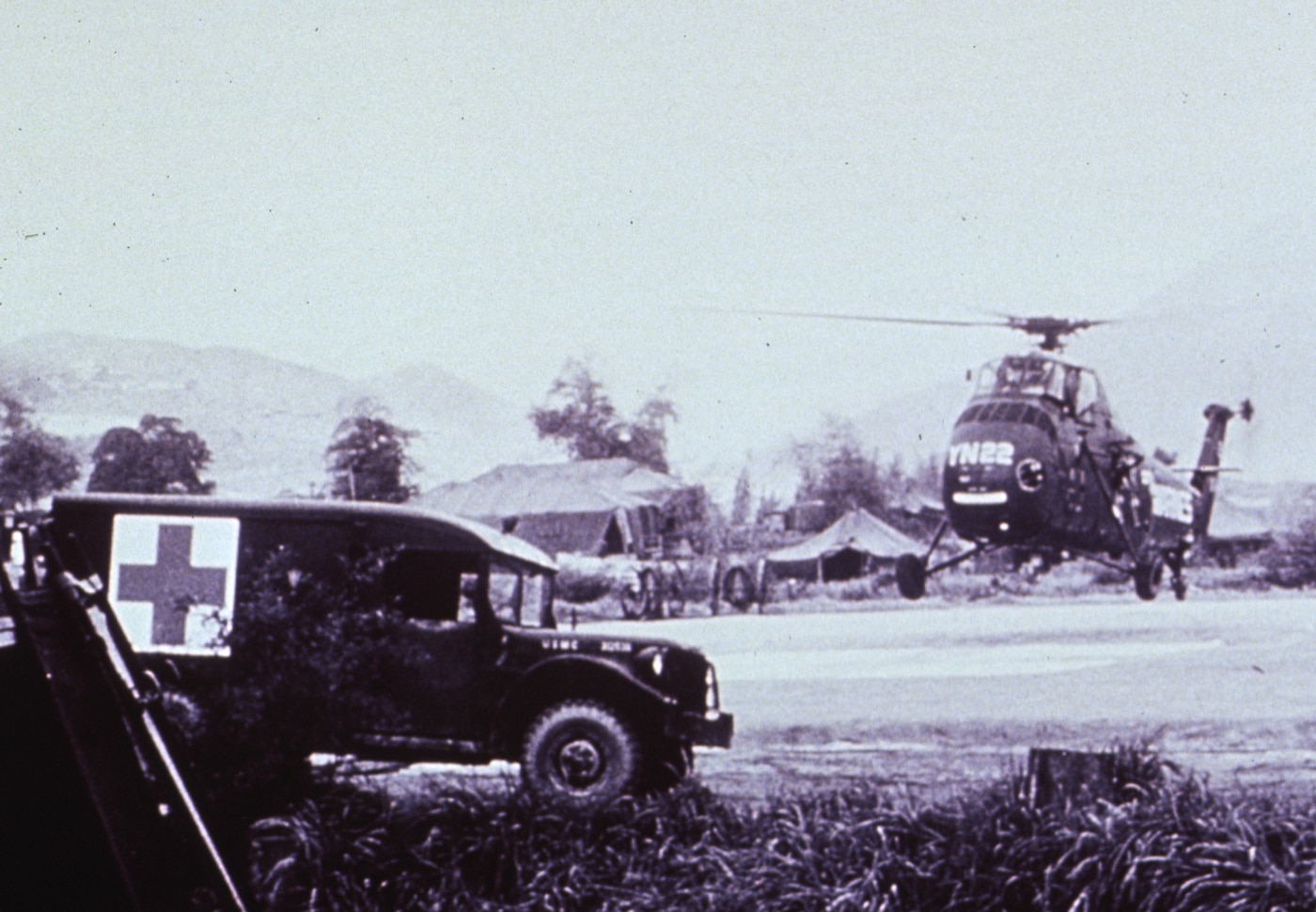 In this image, a Marine helicopter lands with wounded servicemen at a medical installation in Vietnam. Late in the war, the H-34 was replaced by other choppers. 