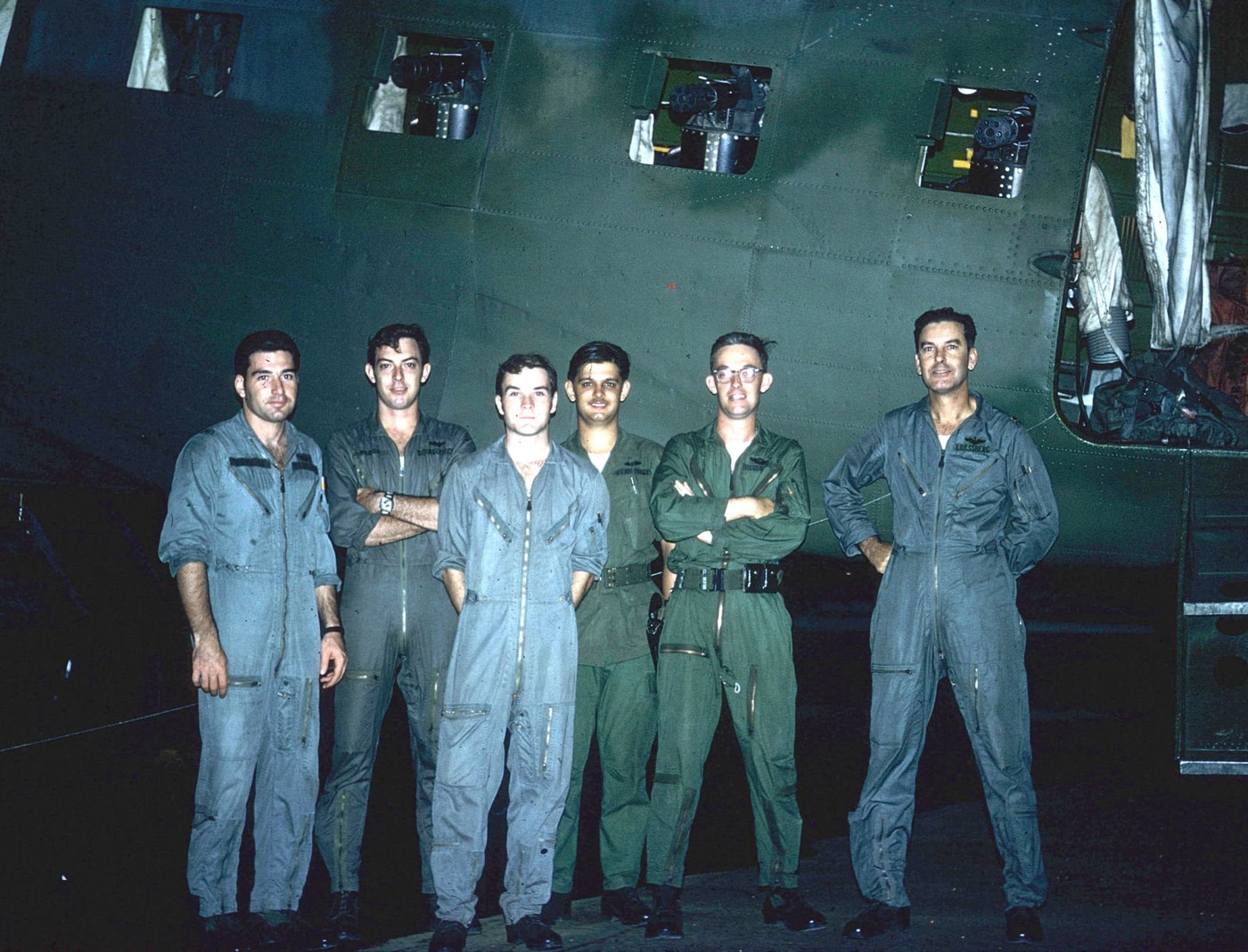 AC-47 flight crew and minigunsIn this photo we see six members of an AC-47 crew. Flight crews typically consisted of seven men - sometimes 8. They were part of the 4th Air Commando Squadron, the first unit to field the AC-47. Initially, it had five converted C-47s. The squadron was later renamed and eventually became the 4th Special Operations Squadron. It continues to operate today using Lockheed AC-130J aircraft to provide close air support and other special operations missions. The 4th is based at Hulburt Field in Florida.