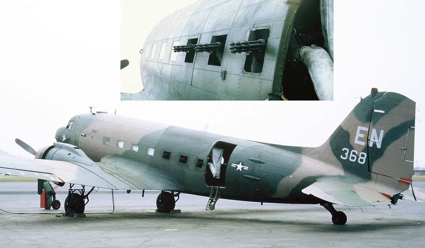 In this image, we see a Douglas AC-47D gunship with its three main guns visible. The AC-47 was based on the C-47 Skytrain, a transport plane used by all branches of the U.S. military in World War II. The Douglas C-47 Skytrain or Dakota is a military transport aircraft developed from the civilian Douglas DC-3 airliner. It was used extensively by the Allies during World War II. As an aerial gunship platform, it excelled. 