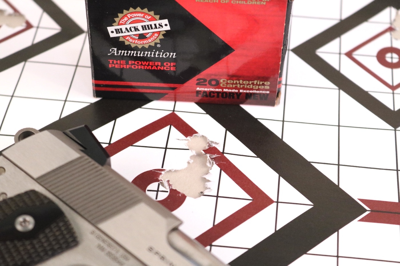 Shown in the photo is Black Hills ammo used for testing the Garrison pistol. In this case, the ammo is used to test the gun and not the gun to test the ammunition. Small arms ammunition pressure testing is used to establish standards for maximum average peak pressures of chamberings, as well as determining the safety of particular loads for the purposes of new load development.