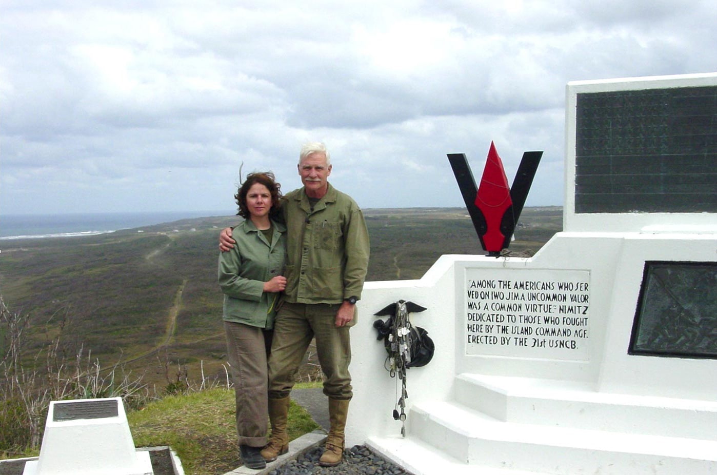 The author with his wife Julia Dye at the 5th Marine Division monument on Iwo Jima. Image: Dale A. Dye