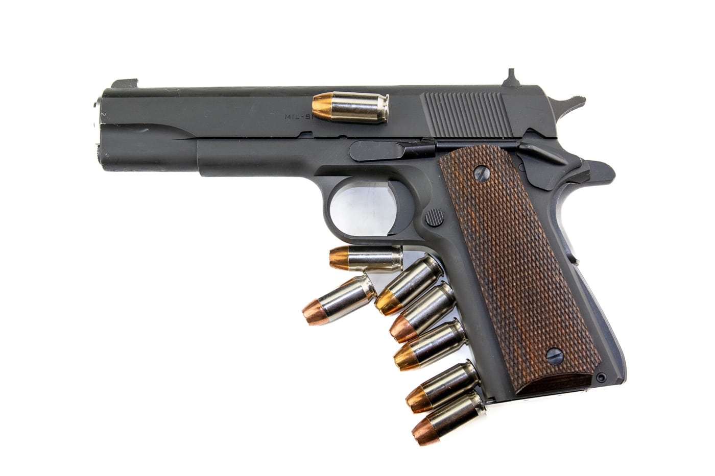 Shown is the author's representation of a 1911 handgun in Condition 2. Cartridges are shown stacked as if in the pistol. This mode of carry is preferred by people who want to achieve a greater degree of safety. However, it is slower than condition 1 carry since the 1911 with the hammer down needs to be cocked. 