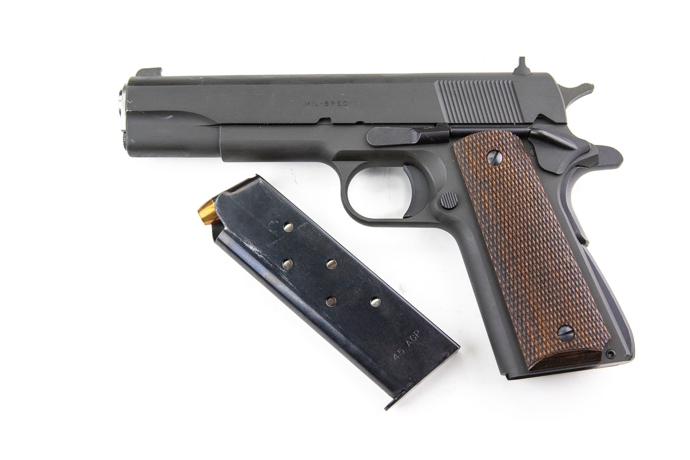 In this photo we see a M1911 handgun in a condition 4 representation. Massad Ayoob does not recommend this as a preferred carry method unless local laws require it. In this method, you have to load the gun and then rack the slide to make defensive use of the 1911. “cocked and locked is considered a superior method of carrying a modern 1911. 