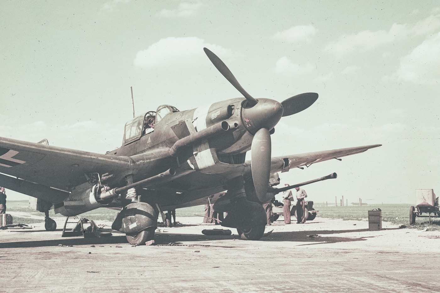 Shown in this digitial photograph is a Ju 87G Stuka with anti-tank guns. An anti-tank gun is a form of artillery designed to destroy tanks and other armored fighting vehicles, normally from a static defensive position. However, these were attached as gun pods to the Luftwaffe plane to destroy Allied tanks and armored vehicles.