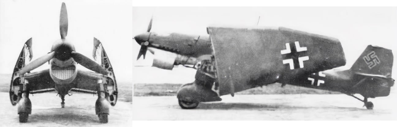 In this photo, we see the prototype Junkers Ju-87C version of the Stuka. It was intended for use aboard carriers by the German Navy hence the folding wings and tail hook. 