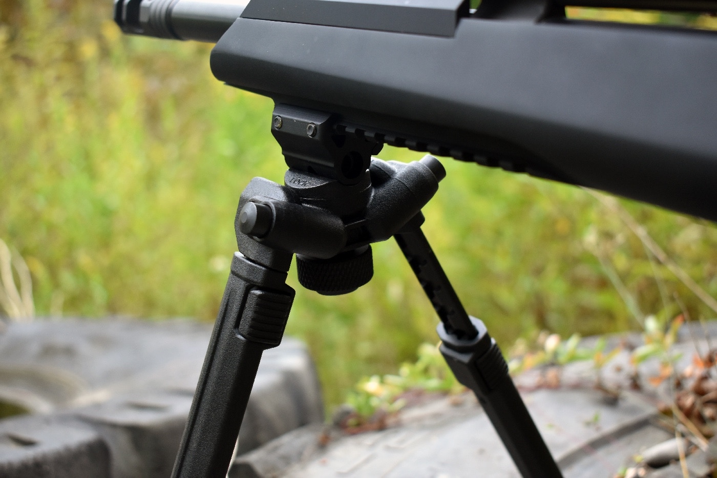 Shown here is the Magpul bipod's head and locking knob. They are easy to access and manipulate as needed.