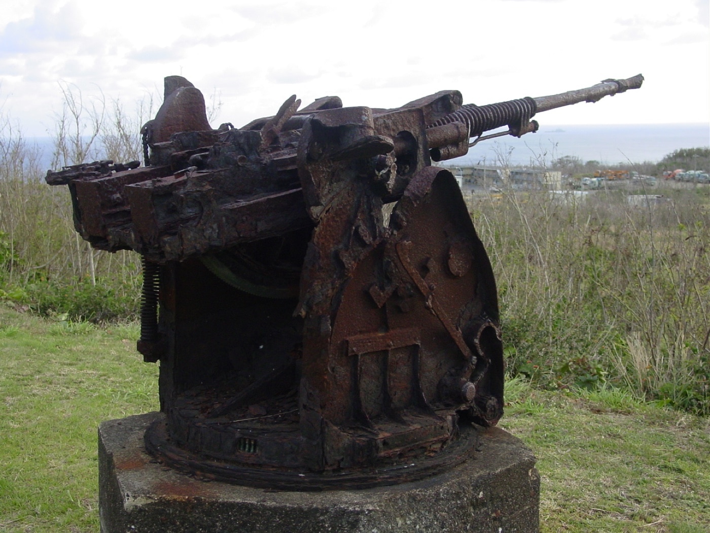 Here we see a Japanese anti-aircraft gun emplacement on the island. The gun also worked as an anti-tank gun. It was a variation of a French Hotchkiss design. 