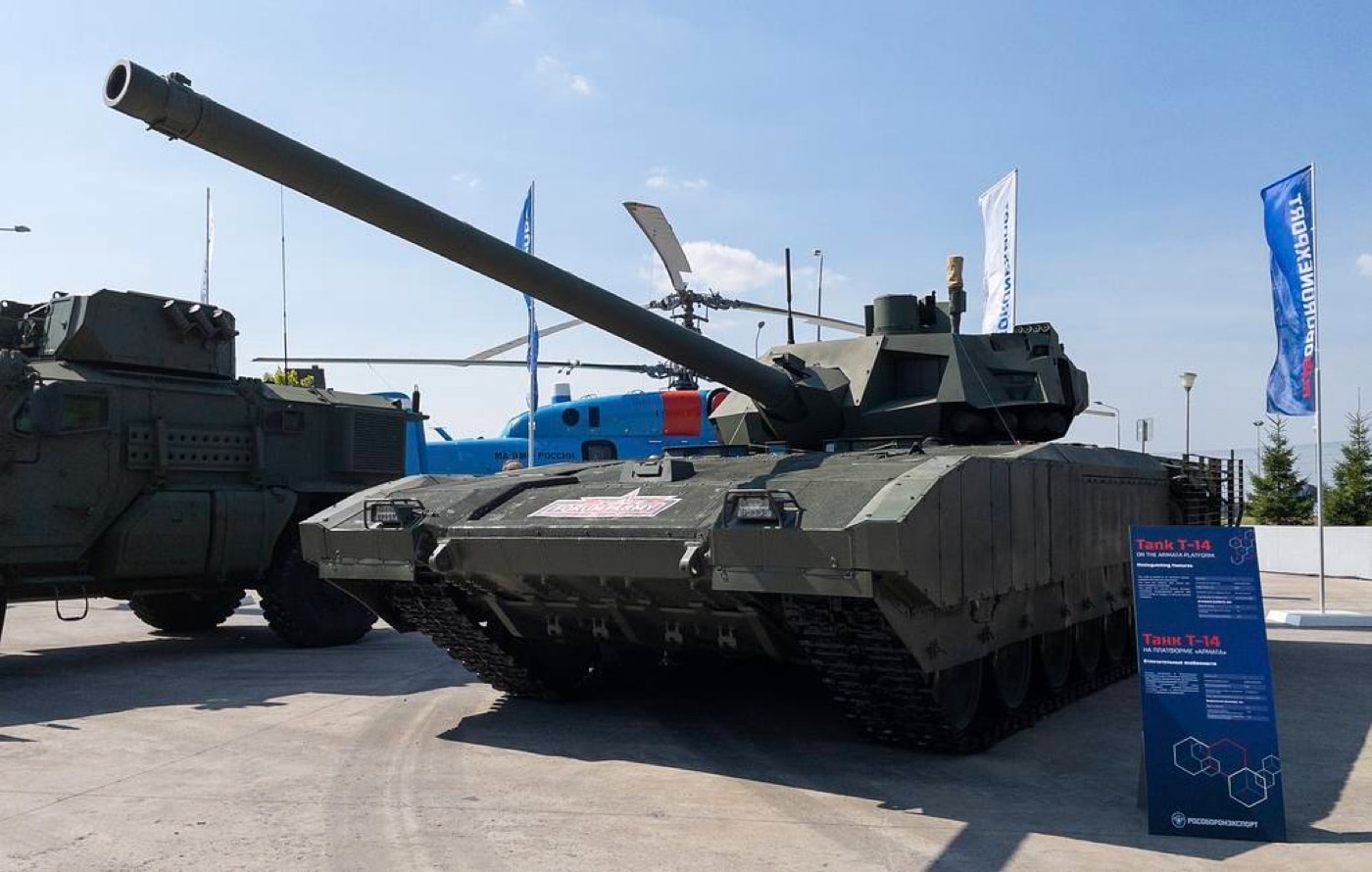 In this photo, we see the T-14 Armata had been eagerly anticipated on display during a exhibition. More than 2,000 tanks were supposed to be delivered by 2025. However, few have actually been manufactured. In the national interest, Russia moved production back to T-90 tanks and updating old T62 and T-72 tanks. Russia's new T-14 would be deployed to Ukraine if they had them in any sizeable quantity. It is a piece of equipment that would provide a huge boost — if only a morale one. Due to sanctions, many of the parts for the new tanks have dogged with delays the tank.