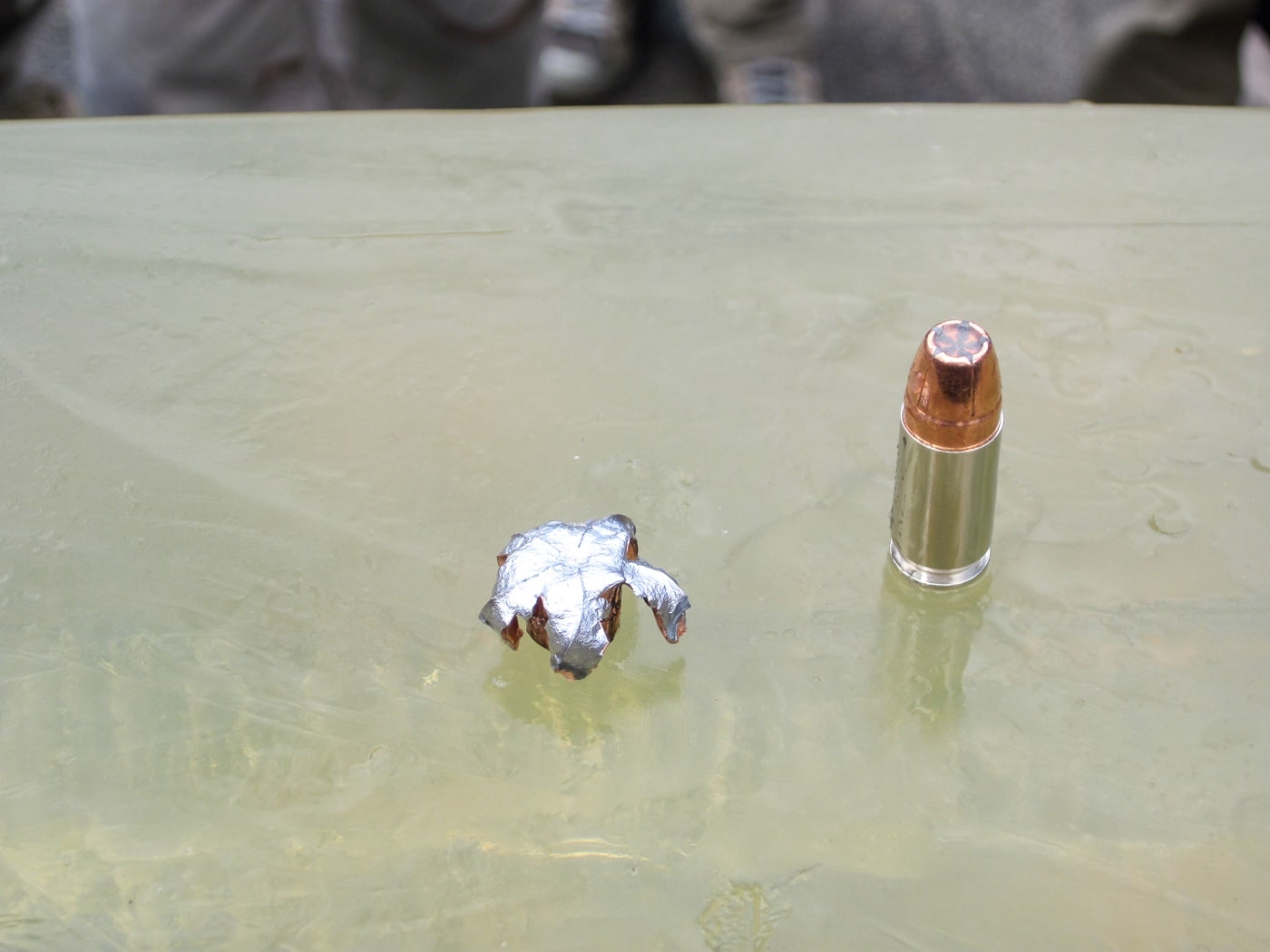 In this photograph, the author has a Speer G2 expanded hollow point in ballistic gel. Speer's Gold Dot and G2 lines are exceptional for protecting good men and women in these United States of America.