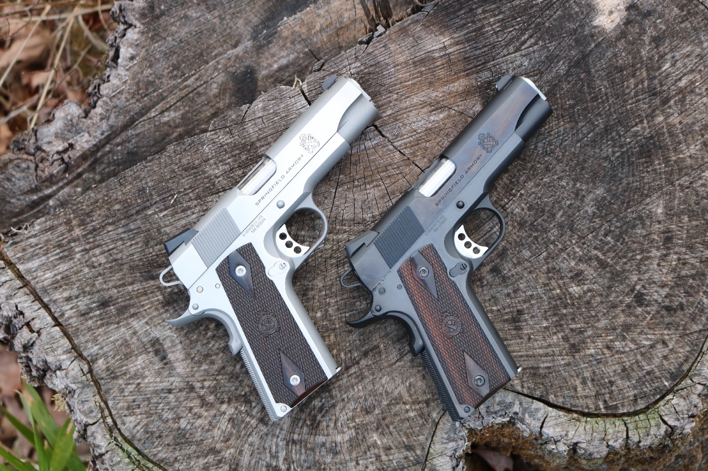 In this picture, the Springfield Armory Garrison 1911 4.25" is shown in both finishes and calibers. These guns use forged steel slides and frames.