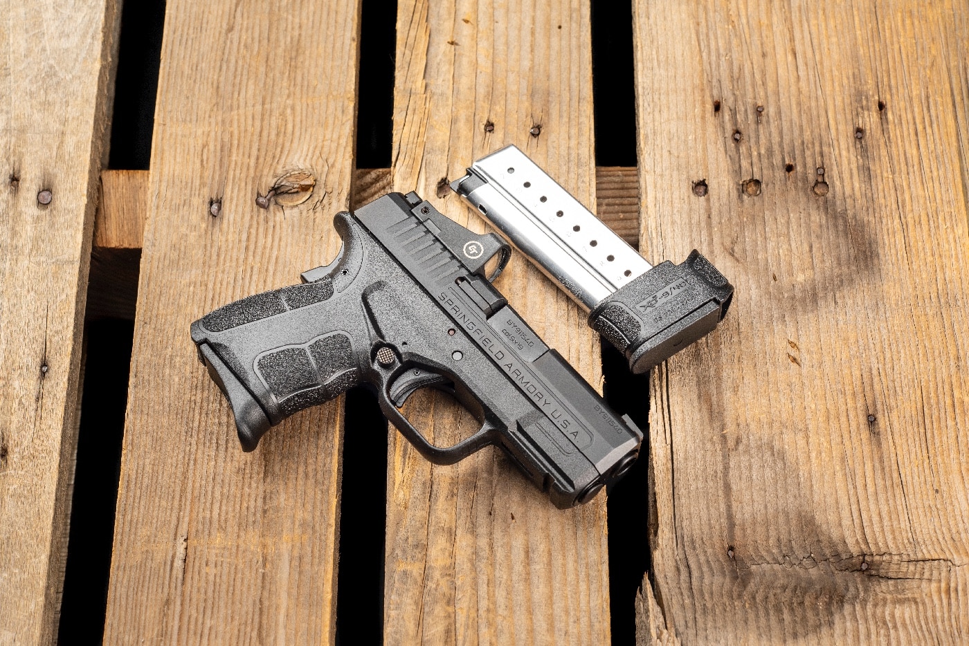 Shown here is a Springfield Armory XD-2 Mod2 pistol and spare magazine.
