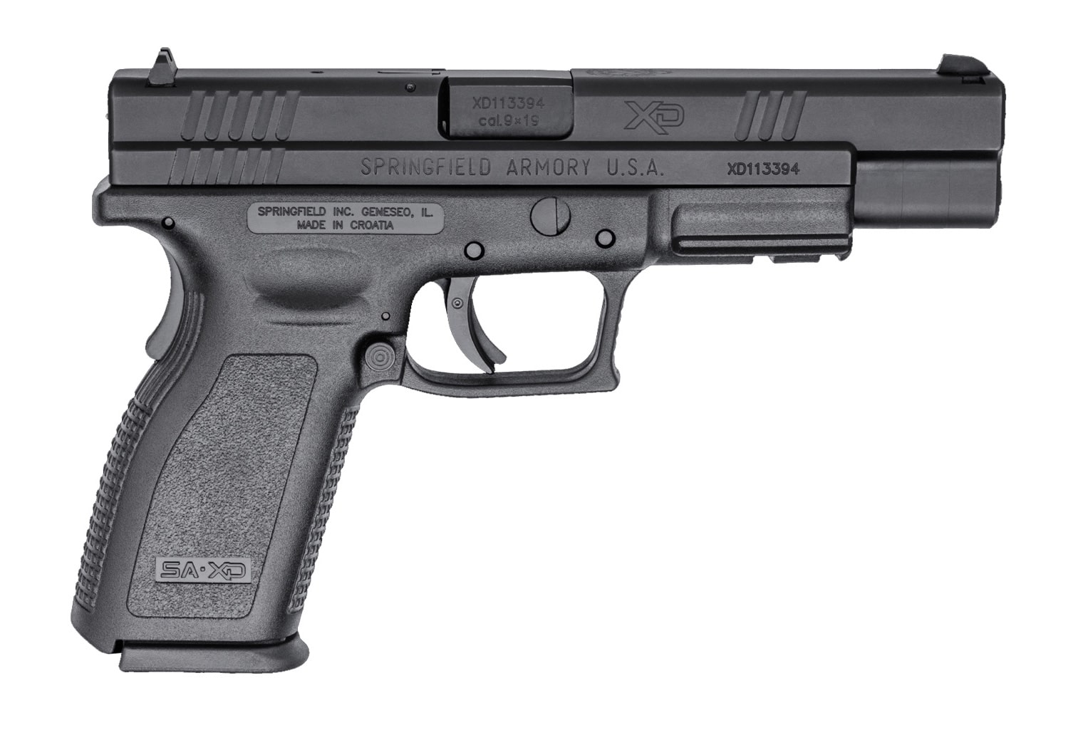 In this digital image is a Springfield Armory XD Tactical 9mm pistol shown from the right side of the firearm.