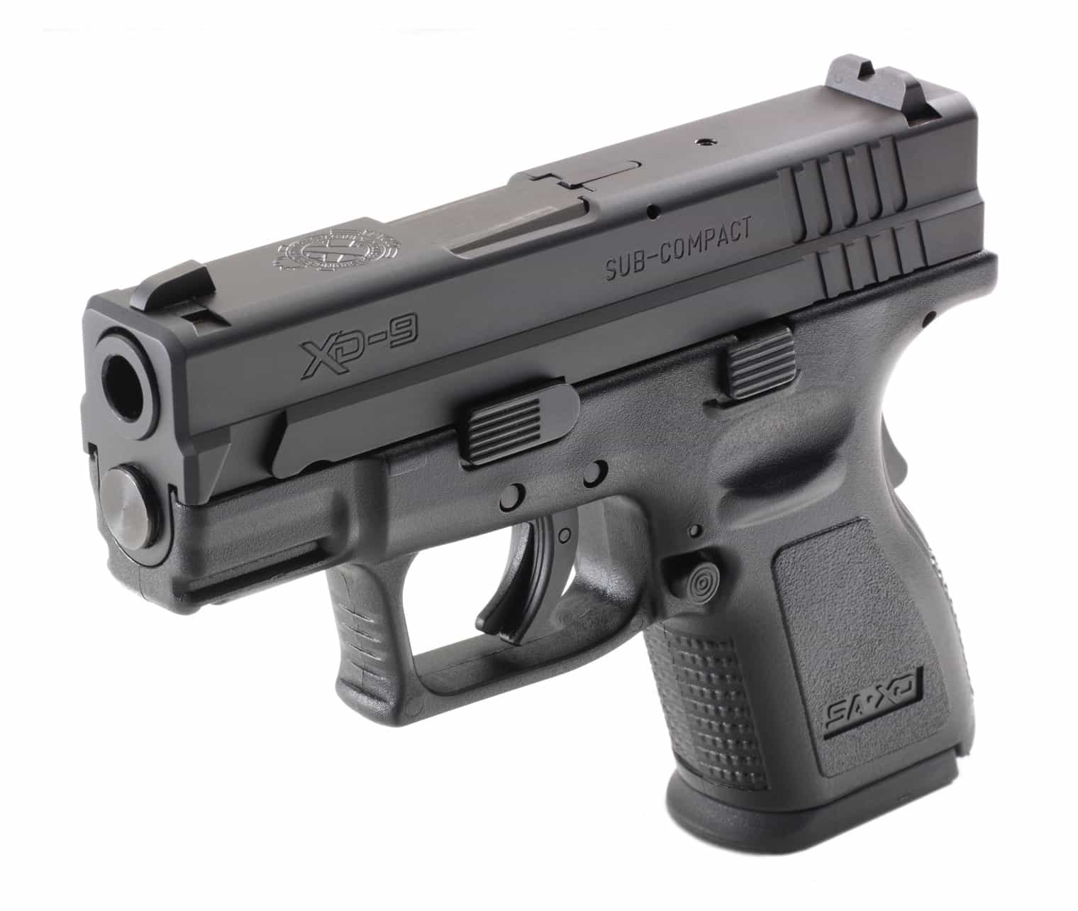 In this photo, we see an angled view of the Springfield XD Subcompact handgun. The subcompact pistol is preferred by many people who are looking for a concealed carry weapon CCW.