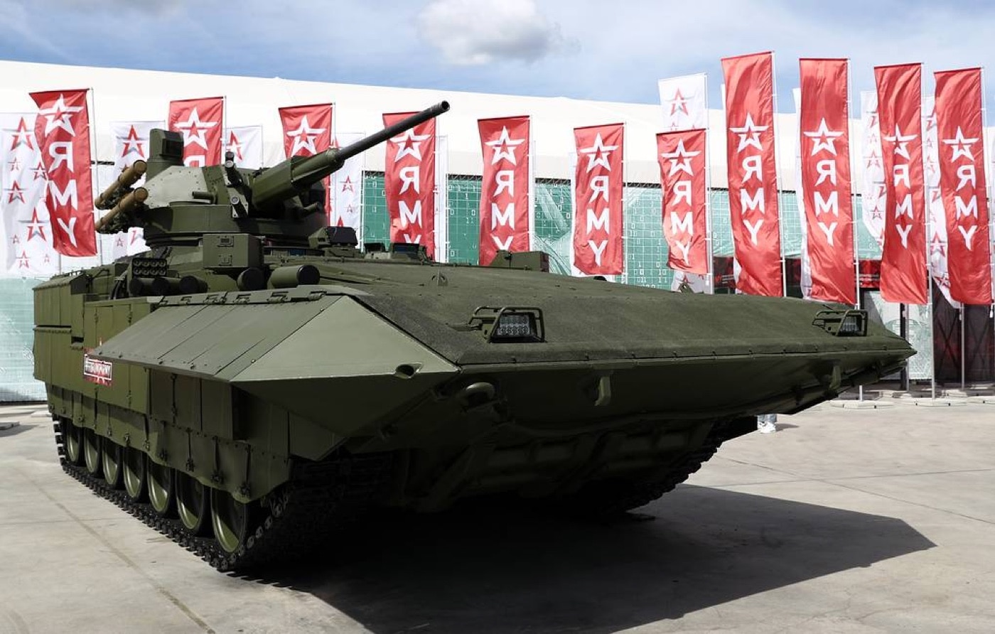 Shown in this photo is the T-15 heavy infantry fighting vehicle. Based on the Armata Universal Combat Platform, it offers increased protection in combat. Russia propaganda suggests the APC offers increased battle survival for ground troops. It also uses automation for the weaponry on top of the machine. Intelligence from the Ministry of Defence (United Kingdom) and satellite imagery suggests the Kremlin has deployed these to the Southern Military District. They've been seen on state media in Victory Day Parades. 