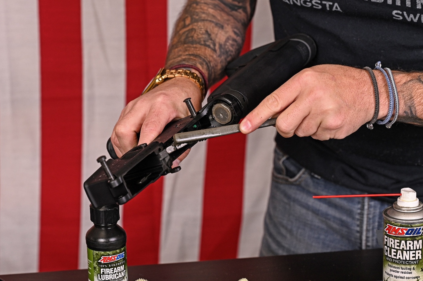 In this image we see the author using a soft bristle cleaning brush to clean the hammer and lower receiver of his rifle. A solvent is a substance that dissolves a solute, resulting in a solution. A solvent is usually a liquid but can also be a solid, a gas, or a supercritical fluid.