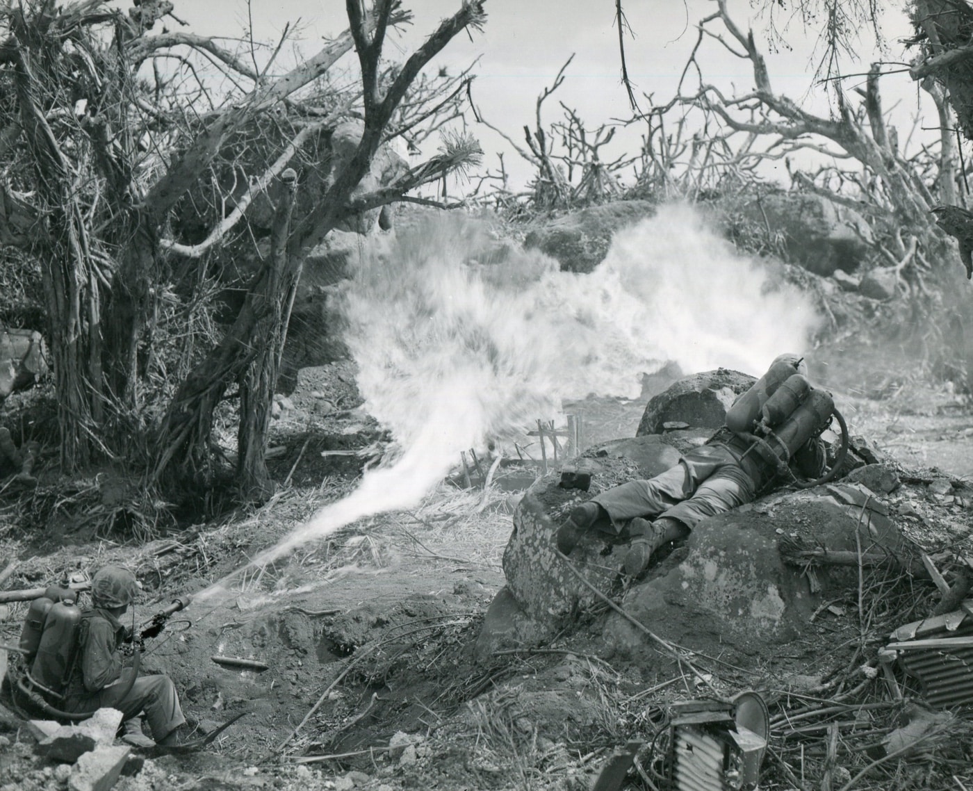 flamethrowers in action on Iwo Jima