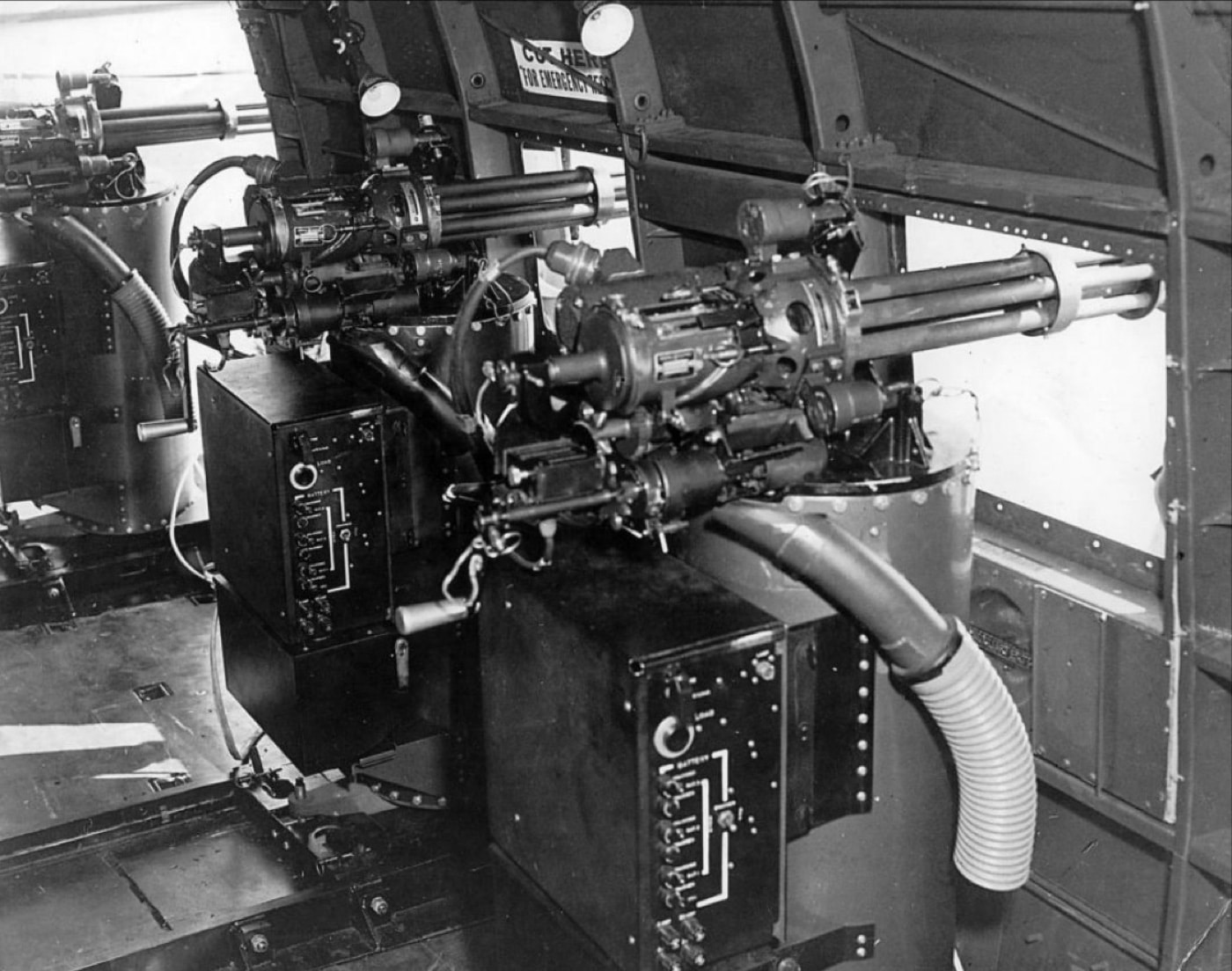 This image shows three M134 Miniguns on standardized mounts with control panels. As the Air Force establish an AC-47 squadron, it needed to standardize the equipment and methods of operation in the gunship role. Air Force Systems Command played a large role in the operational history of the 14th Air Commando Wing and was a large part of why gunship trials were so successful. 