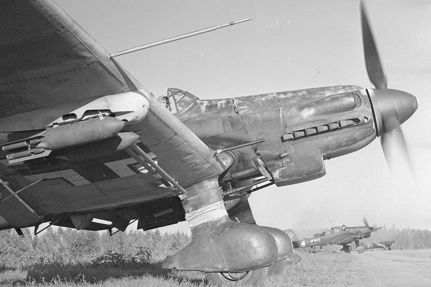 In this photograph, we see a Junkers Ju 87 D-5 Stuka dive bomber taxis for a bombing flight against Soviet troops in Finland.