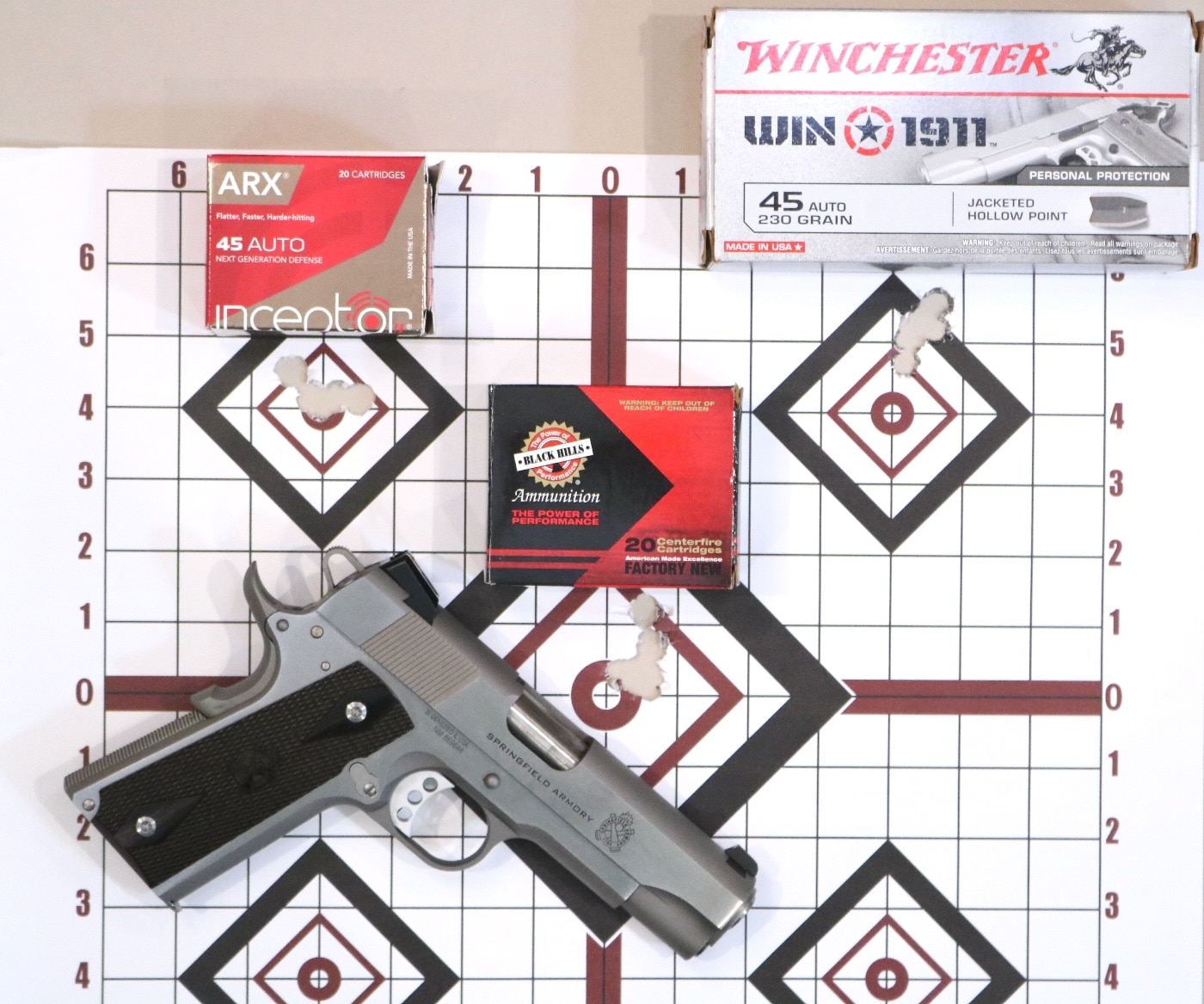 In this digital image, we see the stainless steel Springfield Armory M1911 pistol with a shooting target and ammunition. Ammo from Winchester Ammunition, Inc. provided tight groups and fed well. Another .45 ACP load is from Black Hills Ammunition. Black Hills Ammunition is an American ammunition and reloading supplies manufacturing company based in Rapid City, South Dakota.