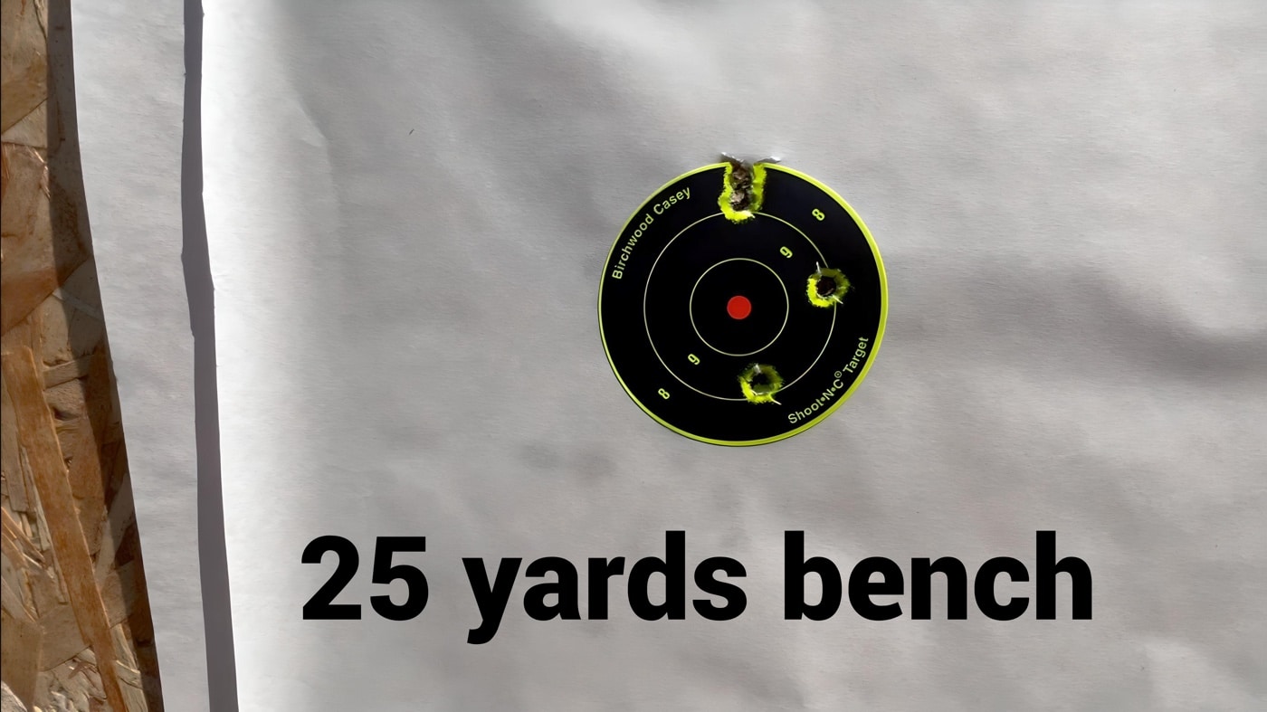 In this image, we see one of the groups the author shot at 25 yards with the Prodigy and the Federal ammunition.