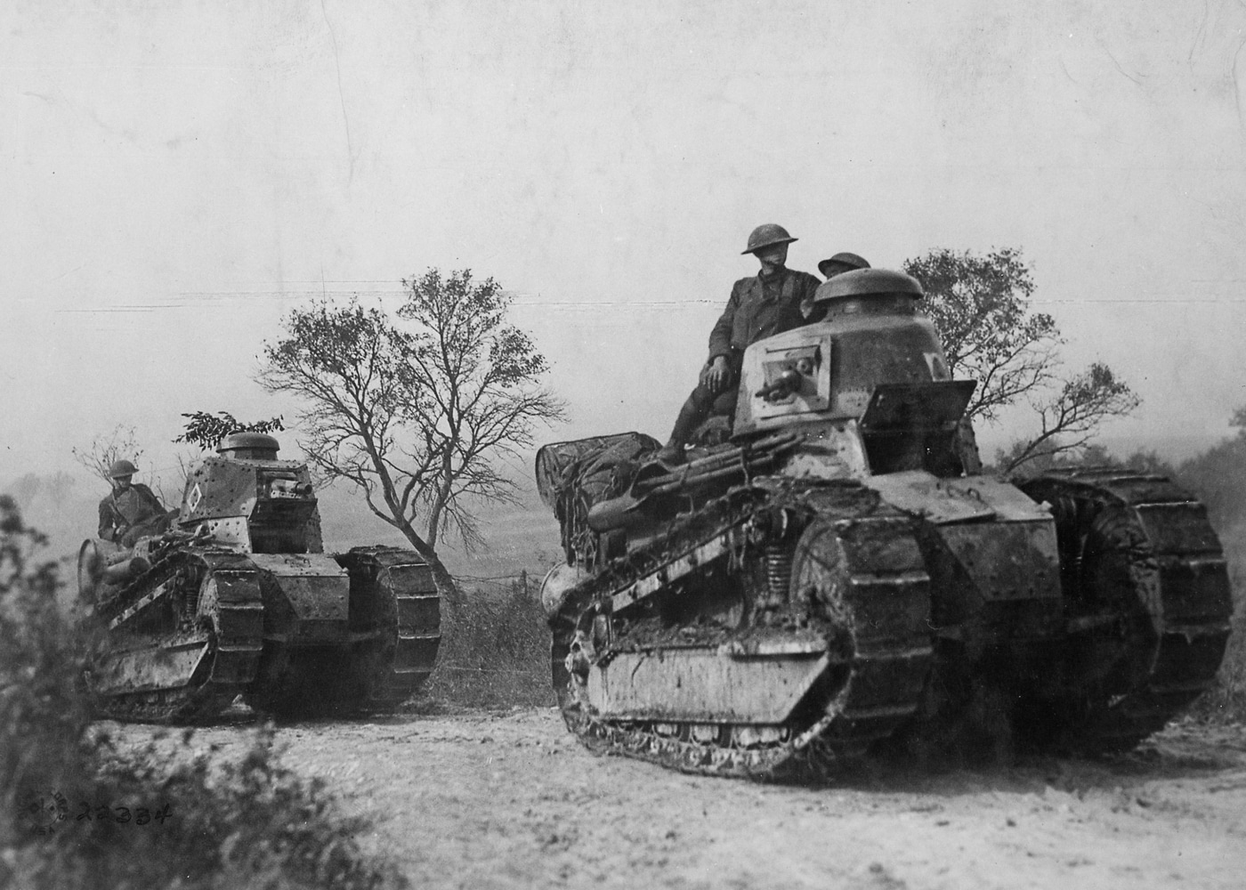 American troops taking French-made Renault FT tanks into battel at Argonne Forest