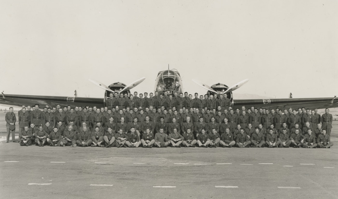 This unit photograph shows a squadron of B-18A pilots and crews.