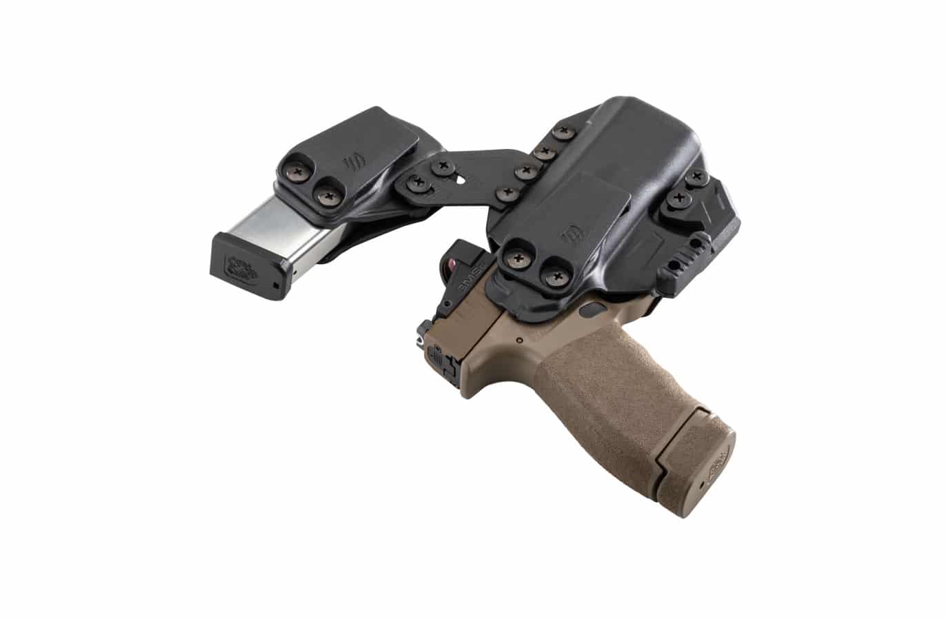 In this digital image, we see a Blackhawk Stache holster with magazine pouch. A Springfield 9mm handgun and spare magazine are in the holster.