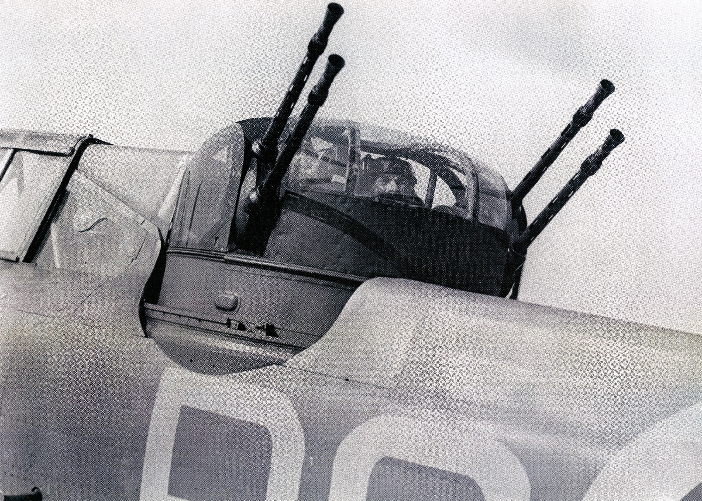 In this photo reproduction, we see a British Boulton-Paul Defiant turret on the back of a Spitfire fighter. It had quad machine guns.