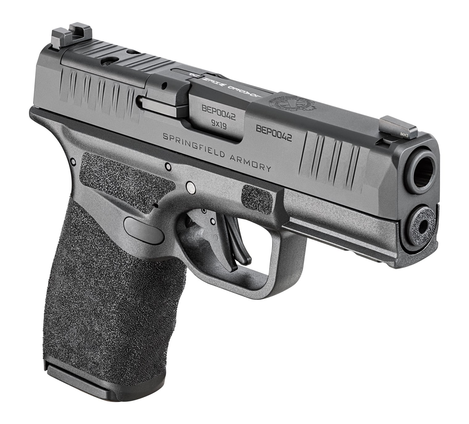 In this photo is a California compliant Springfield Armory Hellcat Pro 9mm pistol.