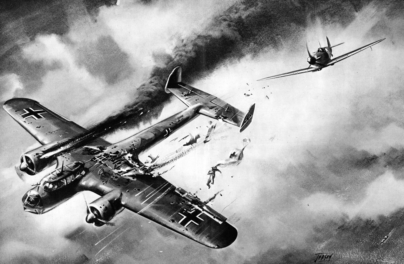 This is a black and white illustration of a German Do 17 bomber being shot down by Royal Air Force Spitfire during the Battle of Britain in 1940.