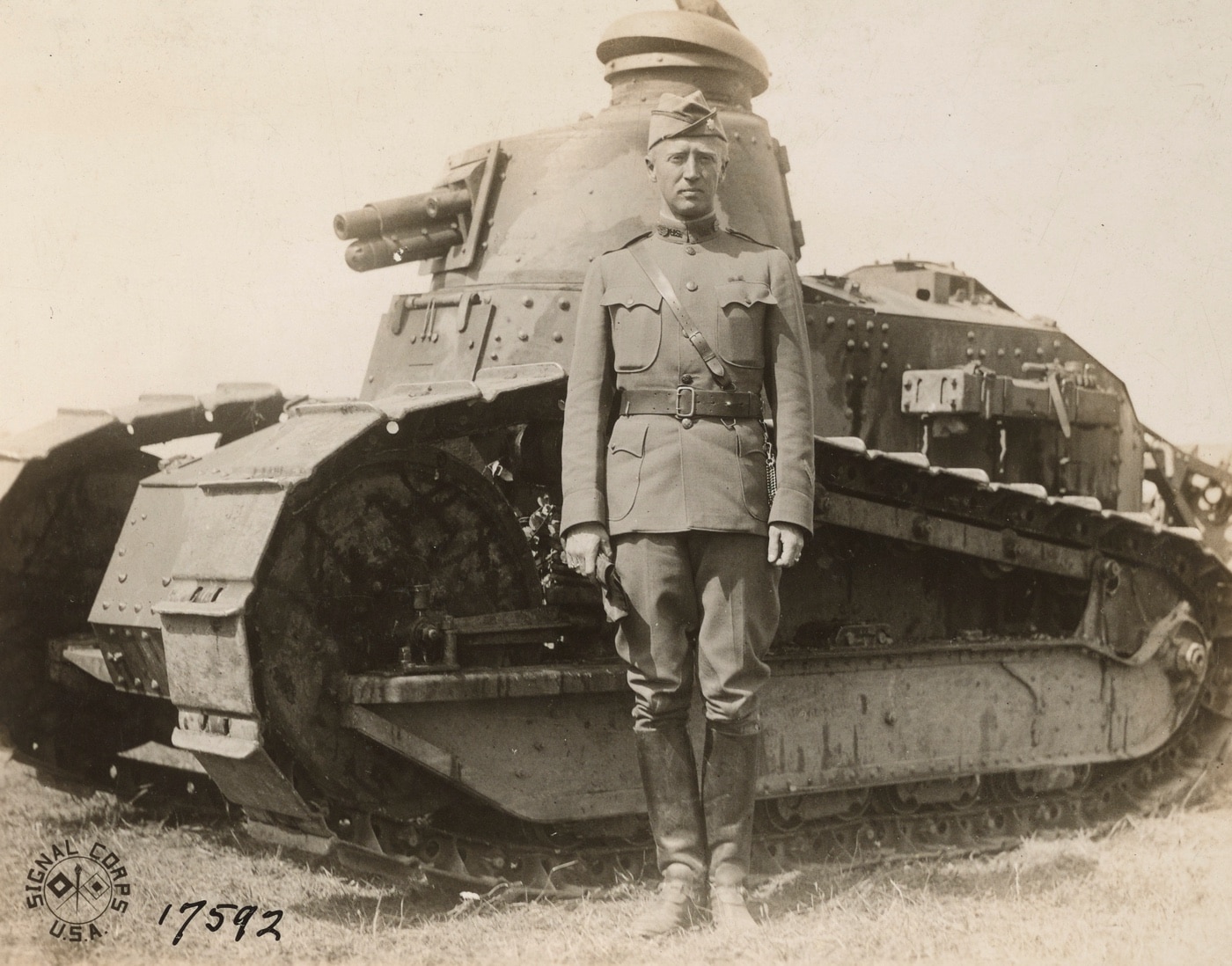 In this image from World War I, Gen Patton stands with a Renault tank, the first combat tank employed by U.S. troops.