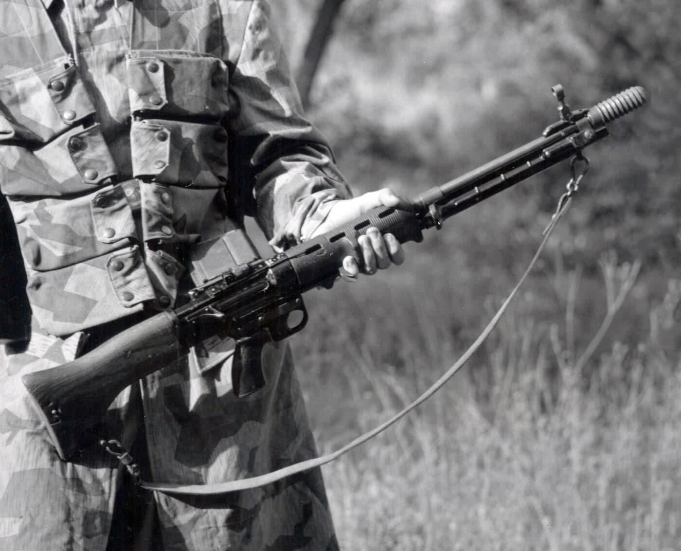In this photo is a German paratrooper with a FG42 rifle.