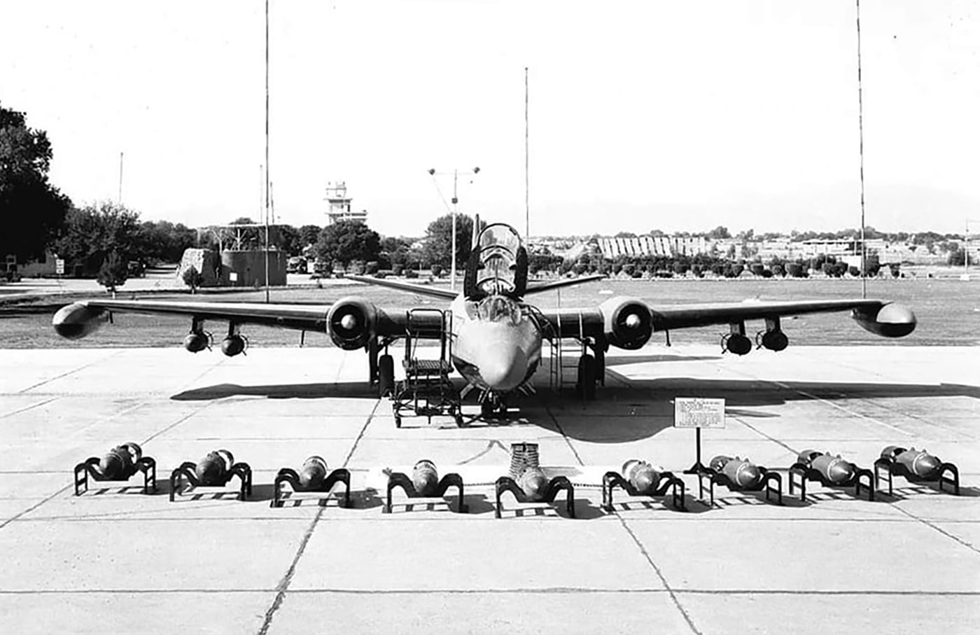 In this photograph a Martin B-57 in Pakistan Air Force is on display with its full armament.