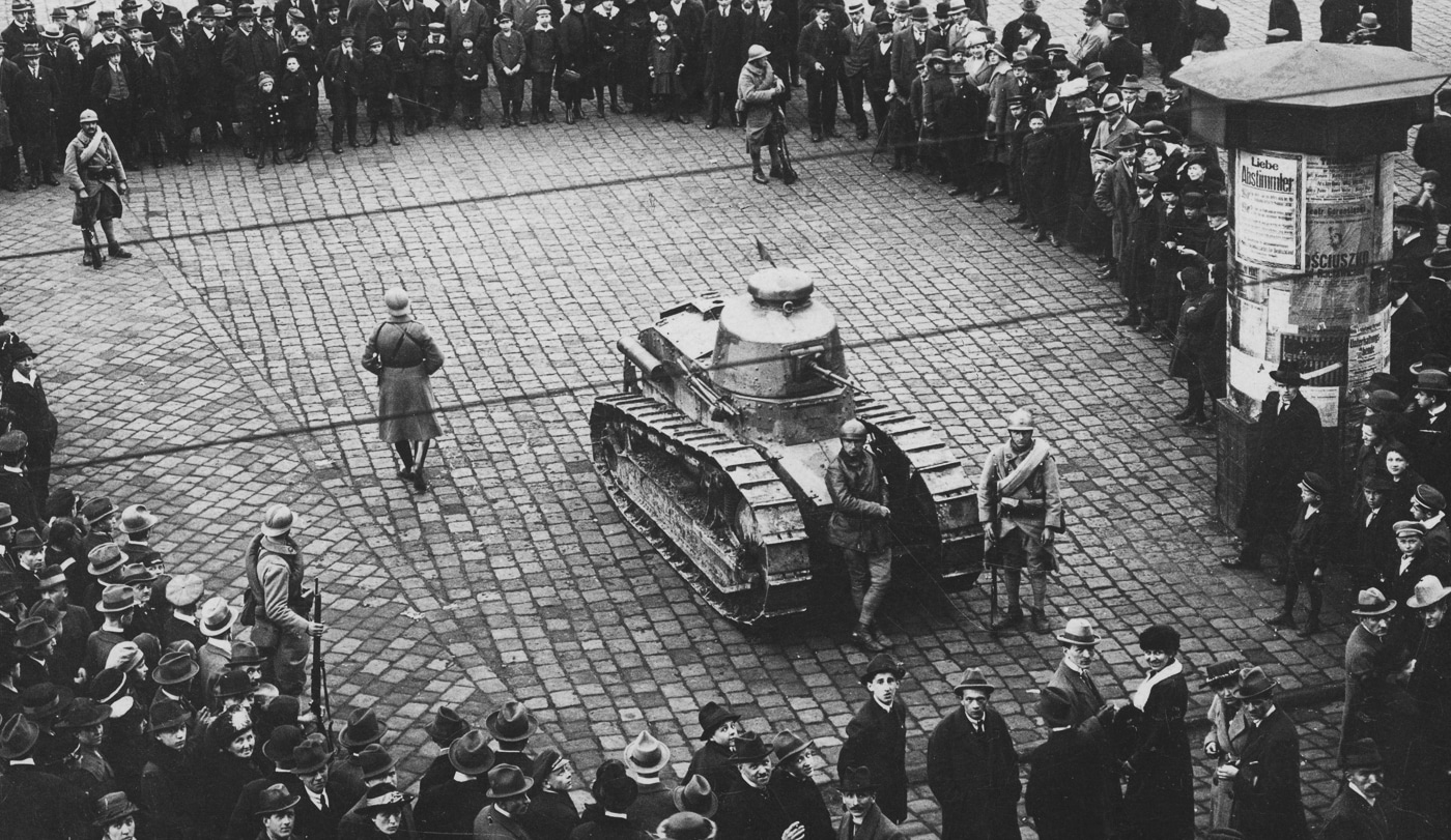 Polish Renault FT tank on city street in 1921