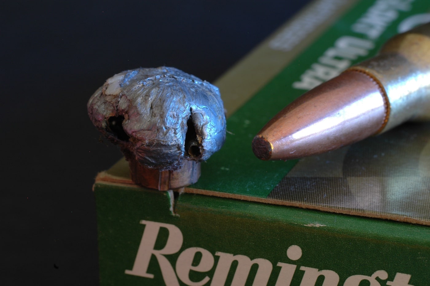 In this photograph, we see a Remington Arms cartridge load with an expanded soft point bullet. The ammo is much better for expansion in soft tissue than a FMJ bullet that is likely to over penetrate as compared to a hollow point or soft point load. 