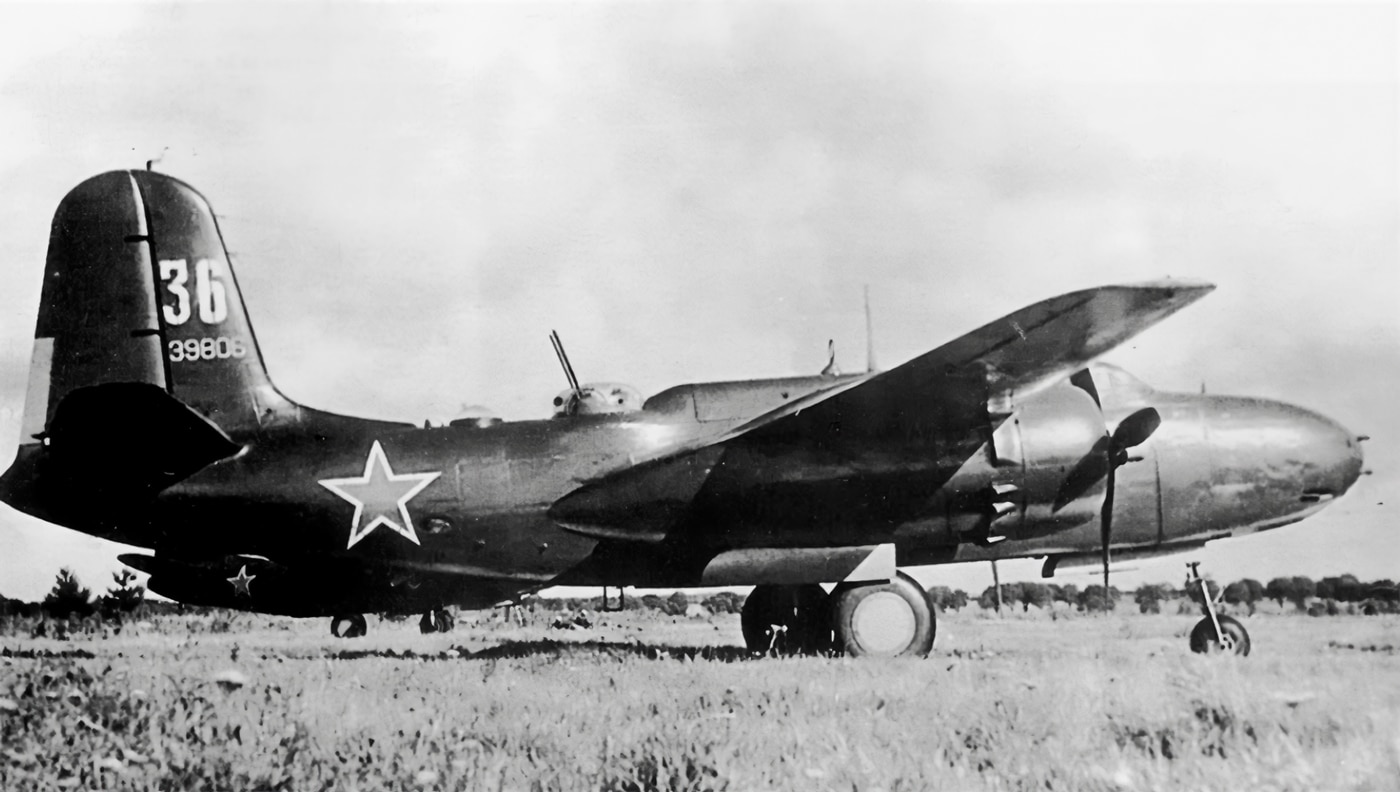 In this photo we see one of the few images of an A-20 Havoc with livery from the Soviet Union. The communists helped Nazi Germany kick off the war in Europe by cooperating with the invasion of Poland. Once Germany turned on the Russians, they came hat in hand to the United States begging like dogs for help. Sadly, the USA helped the Soviets and provided them with weaponry like the Havoc bomber.