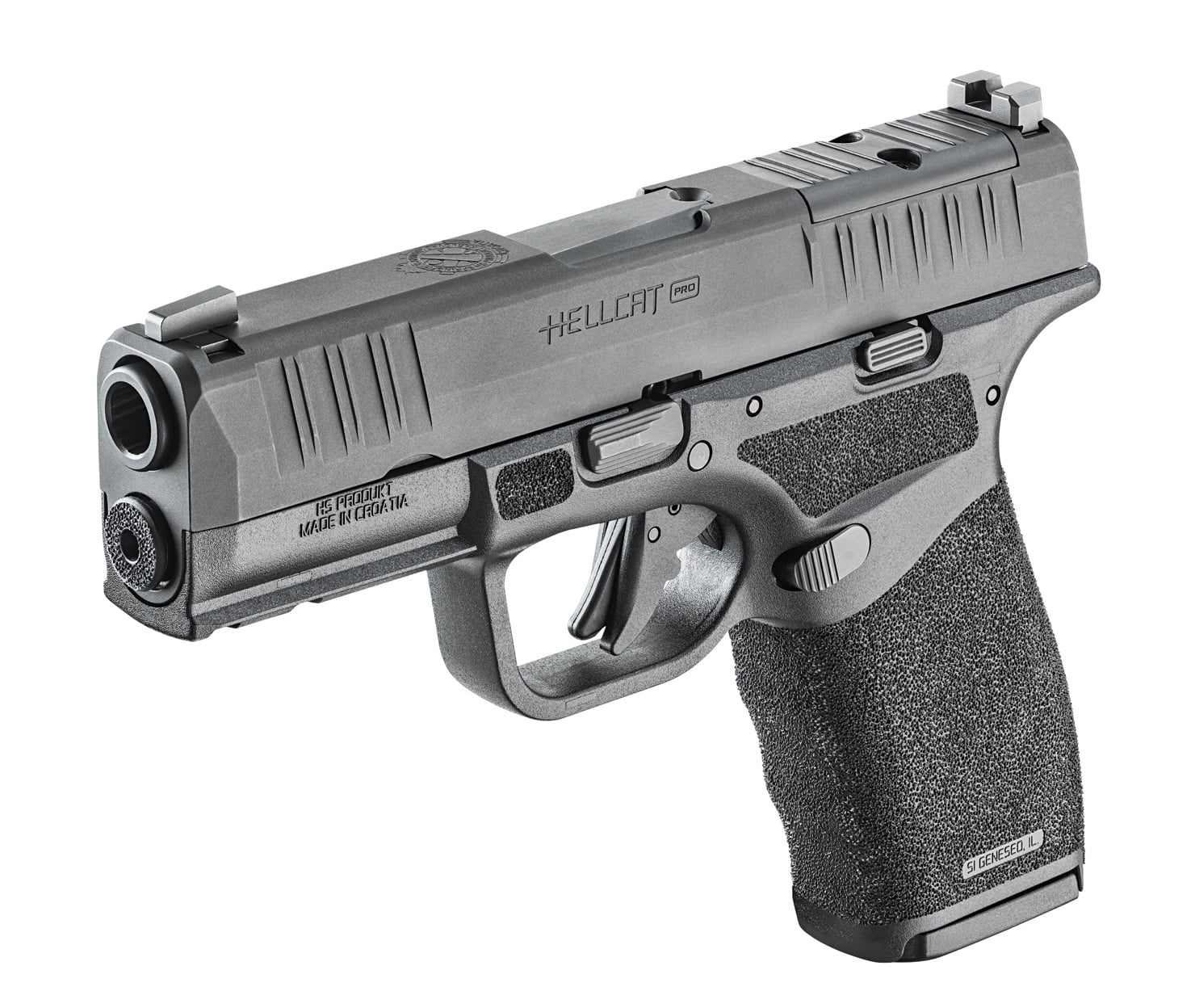 In this digital images, we see the original Springfield Armory Hellcat Pro with a black finish. We can also see the iron sights, trigger and pistol slide. The frame is polymer.