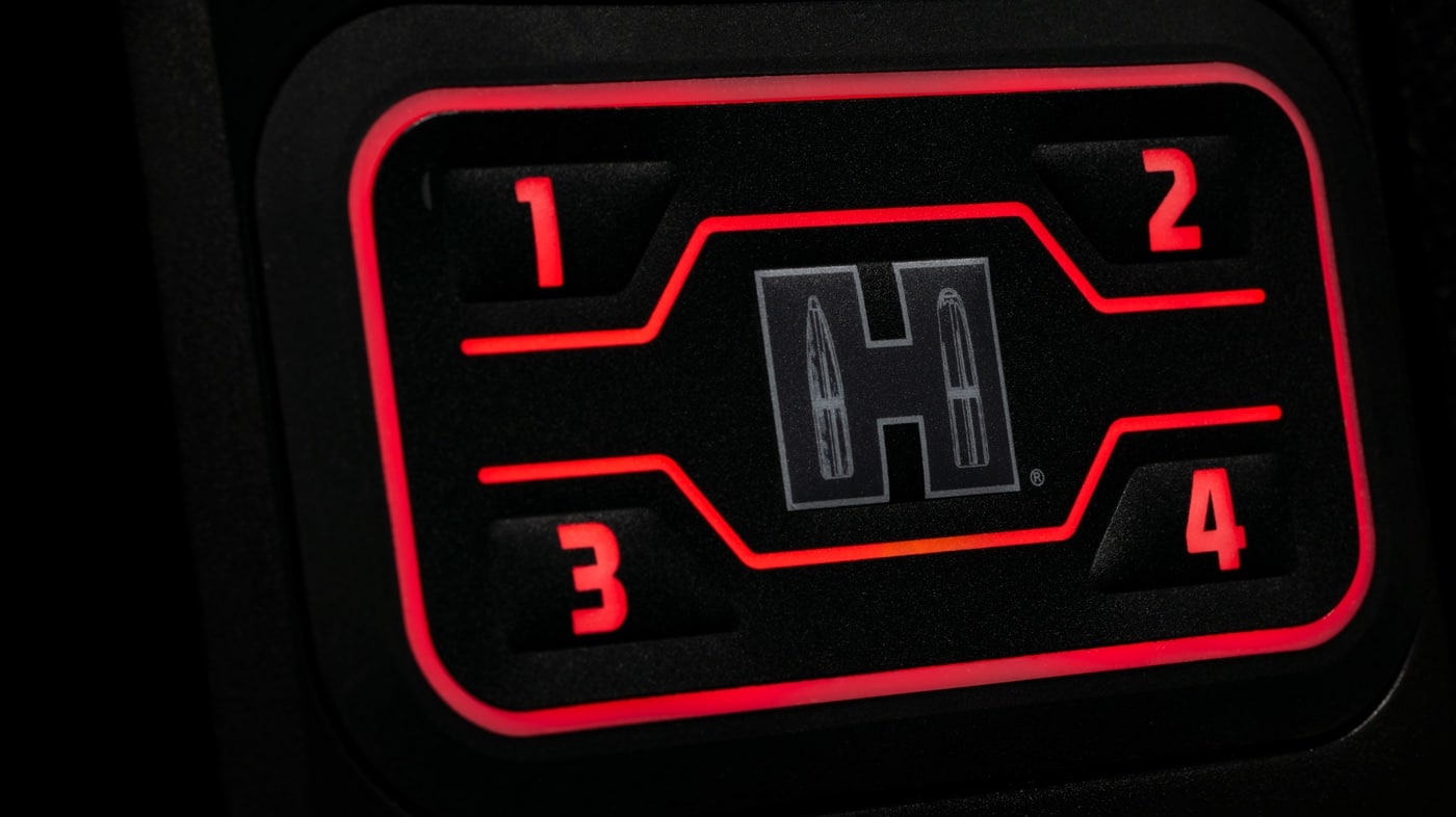 The Hornady RAPiD Safe Ready Vault access pad is shown here. It has four numbers for a combination entry plus an RFID access system.